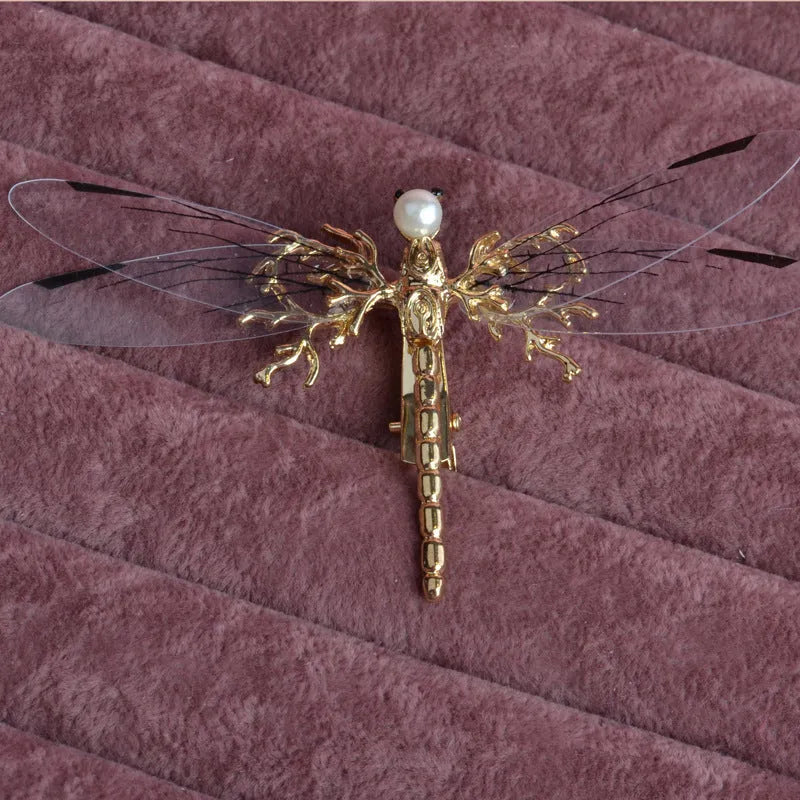 Golden dragonfly side clip headdress for women with alloy construction and electroplated finish