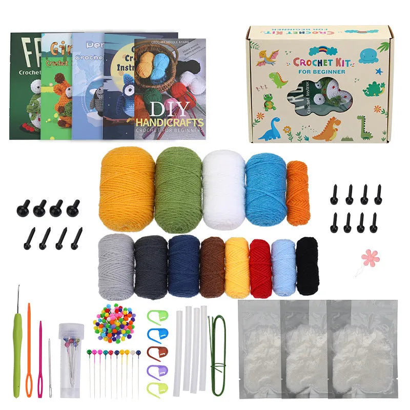 Ugly doll crocheted material package with white wool blend yarn ball and blue-yellow coaster model