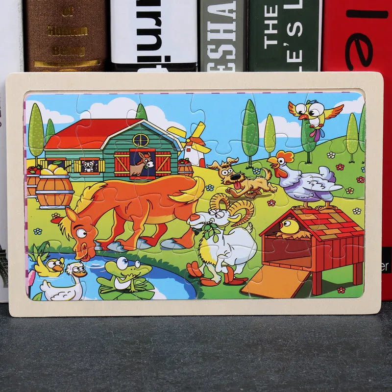 80-piece wooden animal puzzle set in iron box, designed for children aged 3 and over, featuring bear and riding themes