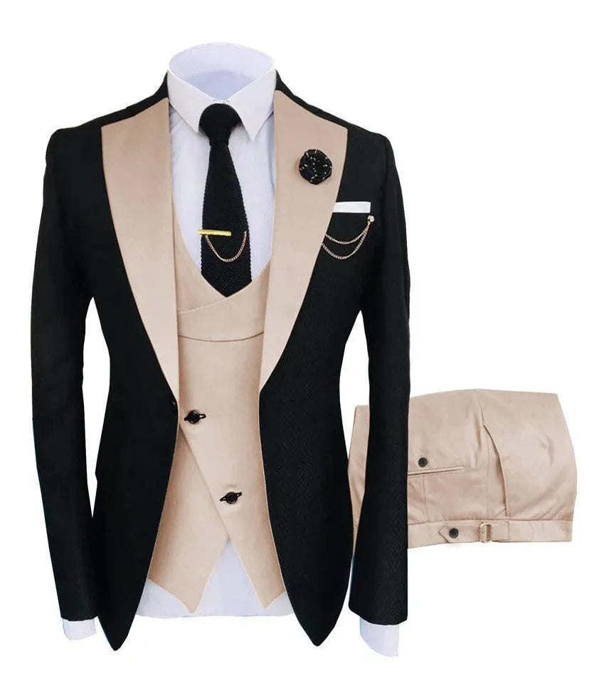 Men's slim fit three-piece cotton suit in business style with coat, vest and trousers