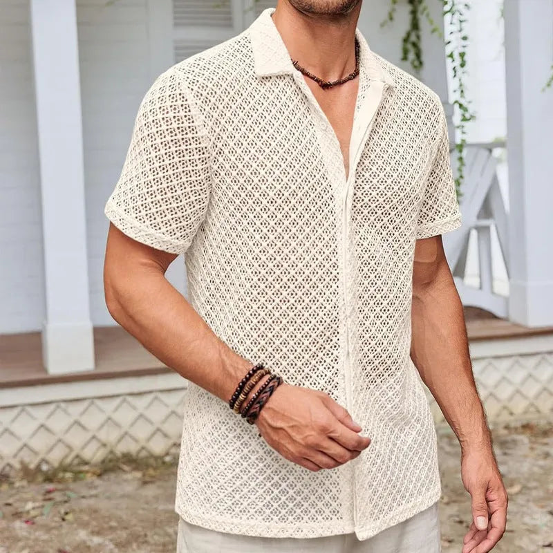 Men's cotton blend short sleeve summer shirt with lapel collar in beige colour