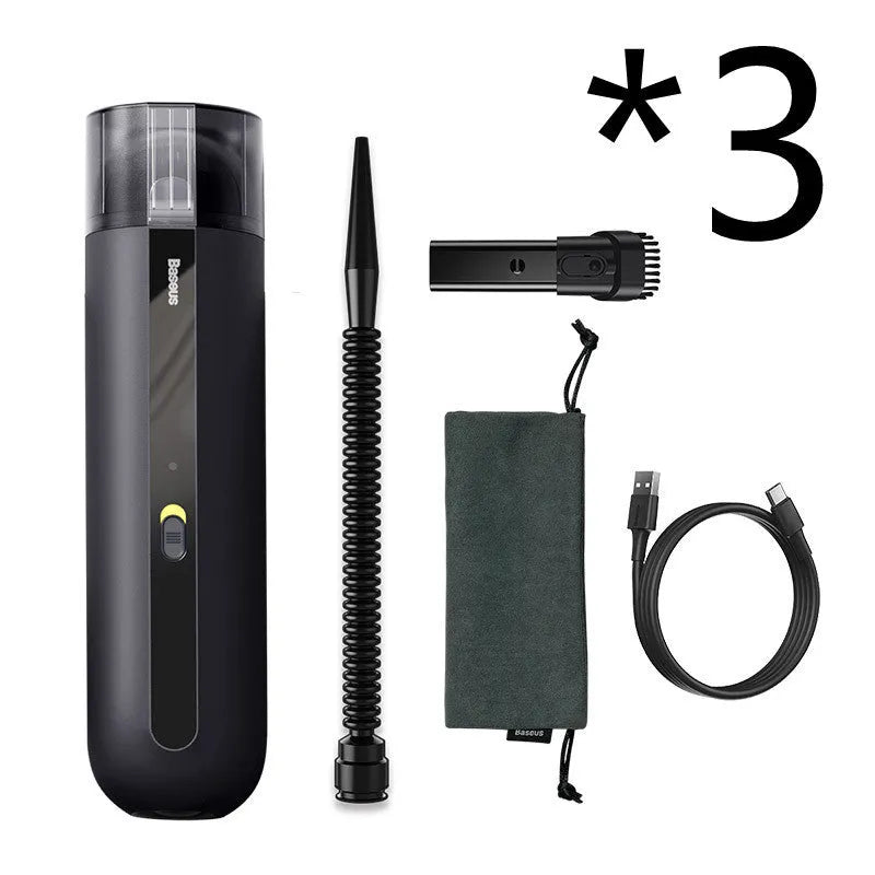 Black handheld wireless car vacuum cleaner with nozzle and blowing hose accessory
