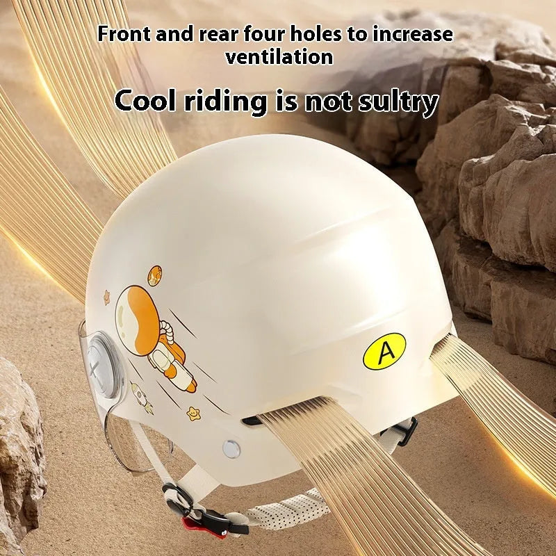 Khaki electric motorcycle half helmet with ABS construction showing sun protection glasses option