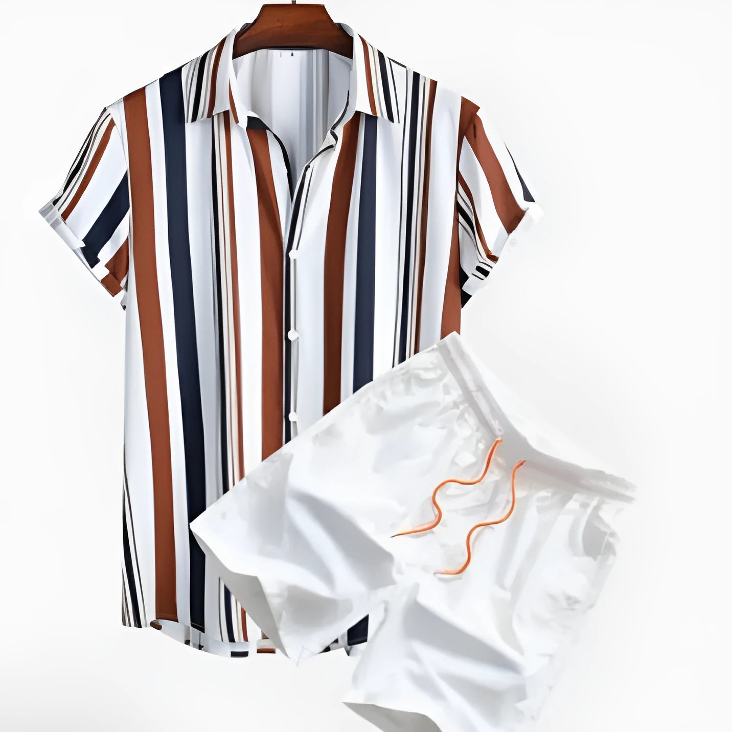 Man wearing a digitally printed short sleeve shirt and matching shorts from a casual suit set