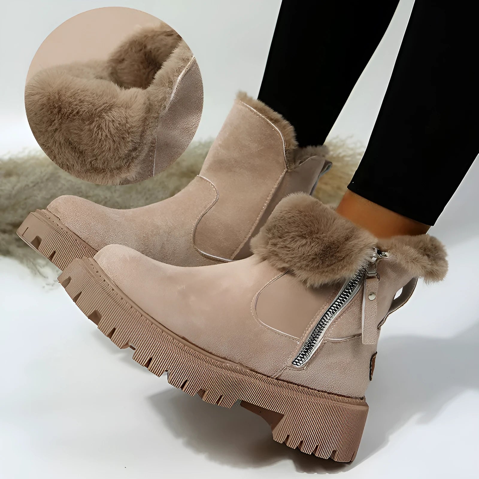 Women's black high-top snow boots with a side zipper and faux suede upper on a rubber sole.