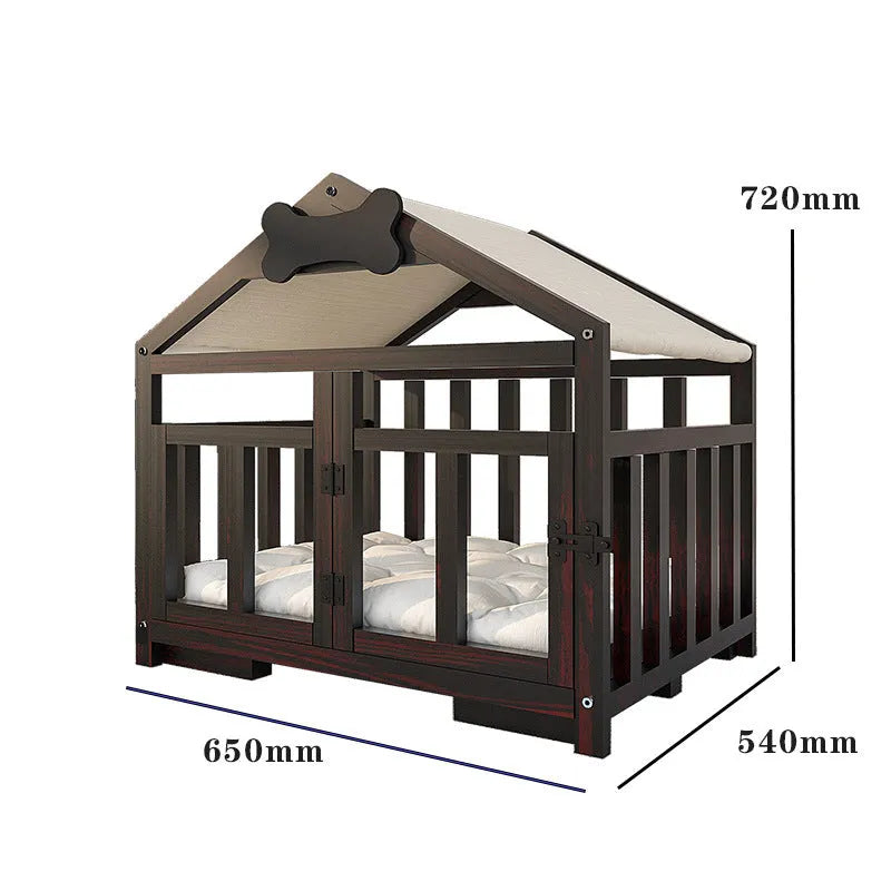 Indoor solid wood doghouse with removable washable cushion, dark brown finish, large size