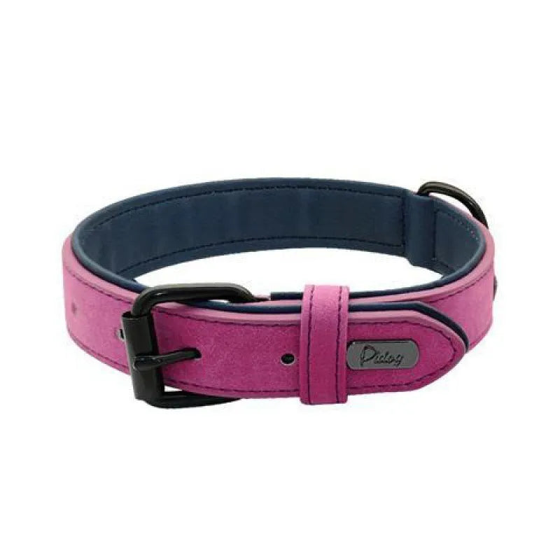 Adjustable dog collar in purple showing front PU material and back microfiber fabric, with a secure buckle closure.