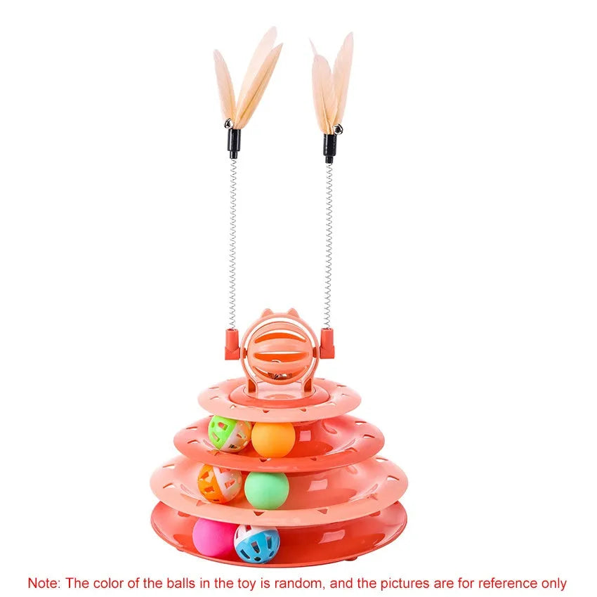 Interactive four-tier carousel cat toy with colourful balls and teasing rods on a non-slip base.