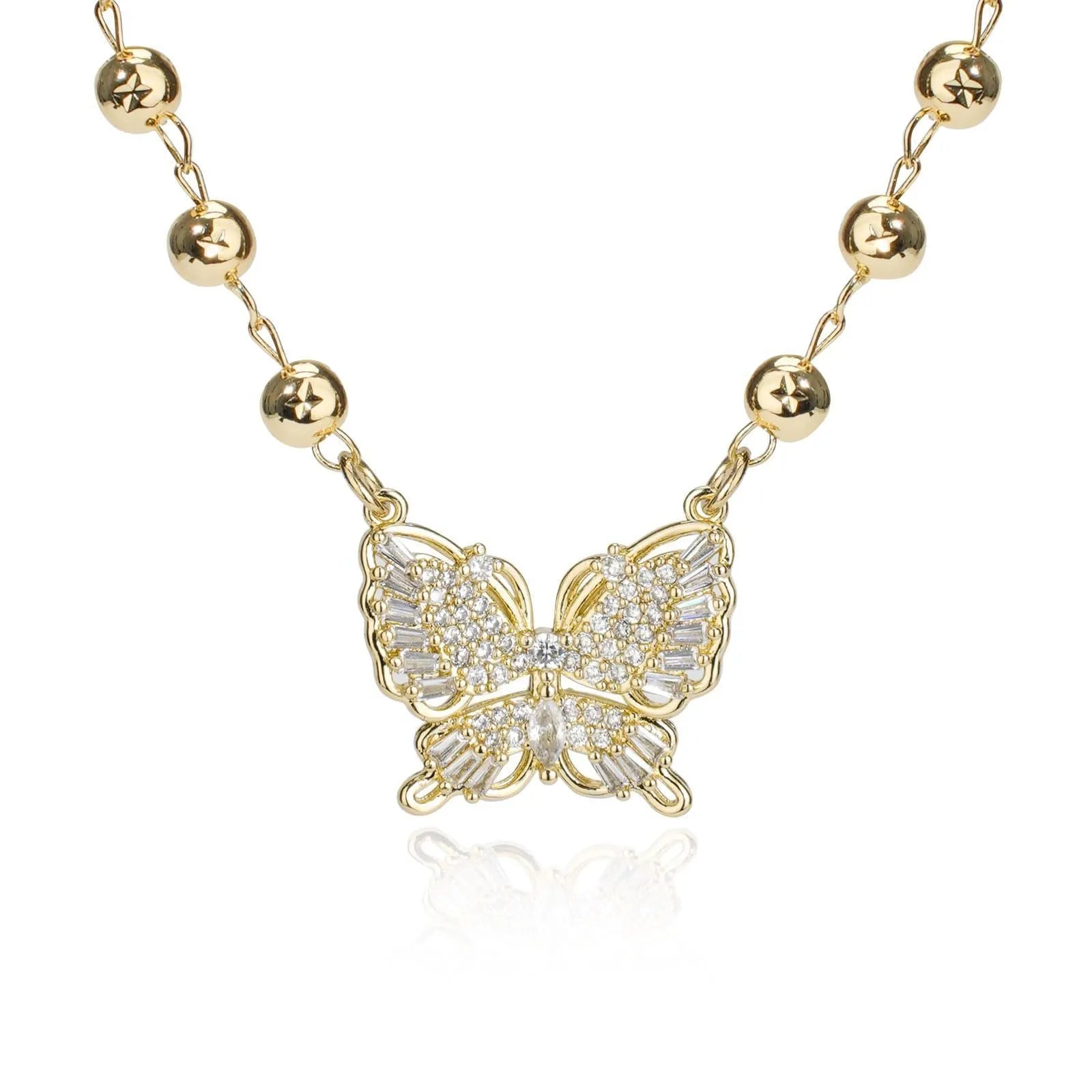 Gold butterfly necklace with zircon inlay on adjustable stainless steel chain, simple bow design for women