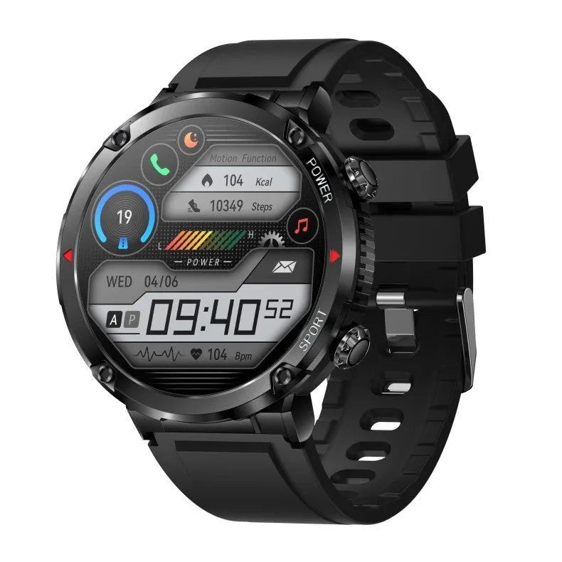 T30 smartwatch on wrist showing display, with Bluetooth calling and health monitoring features.