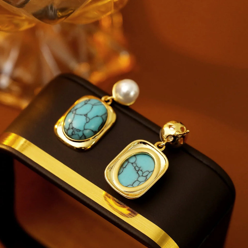 French vintage oval turquoise pearl earrings 18K gold electroplate copper geometric drop with silver needle