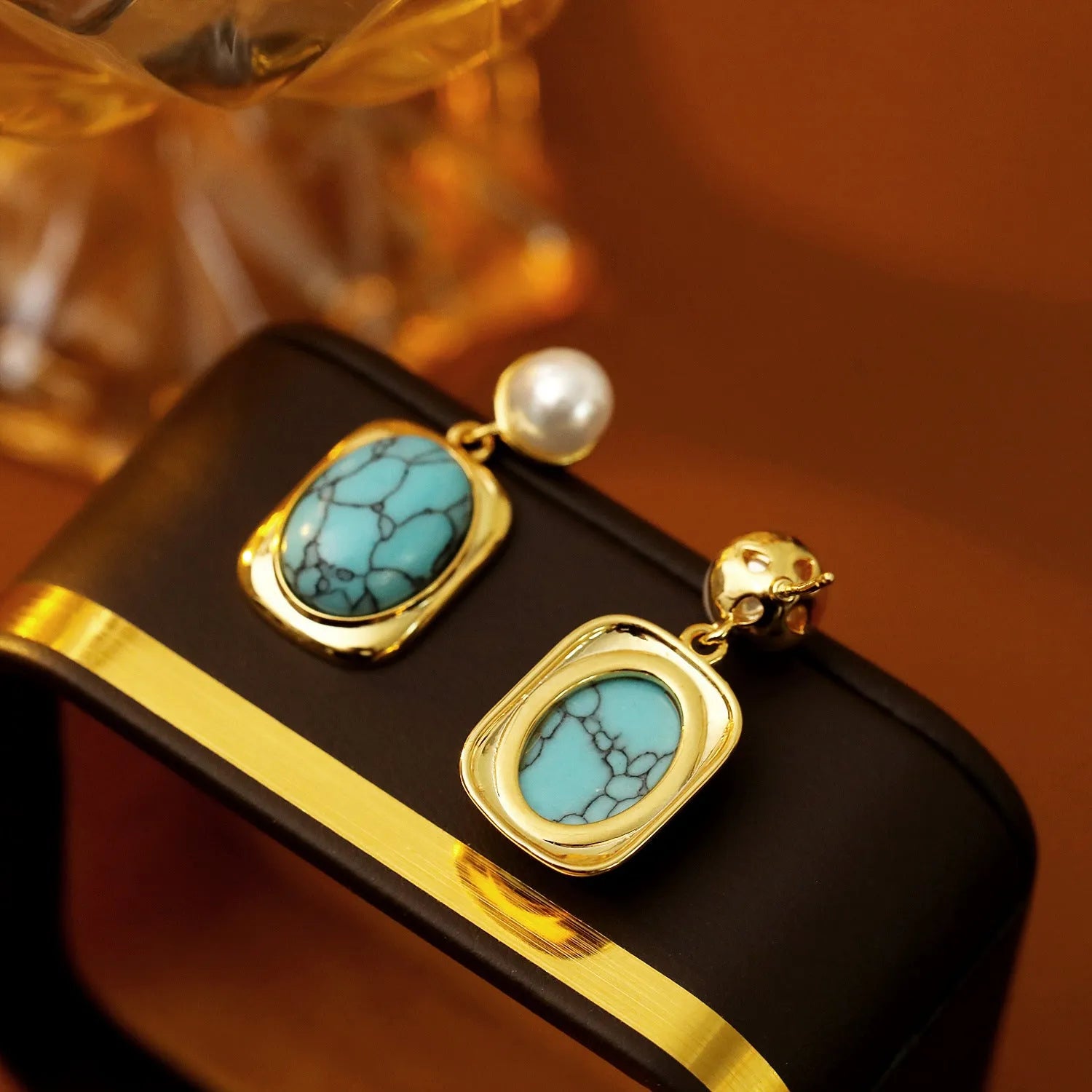 French vintage oval turquoise pearl earrings 18K gold electroplate copper geometric drop with silver needle