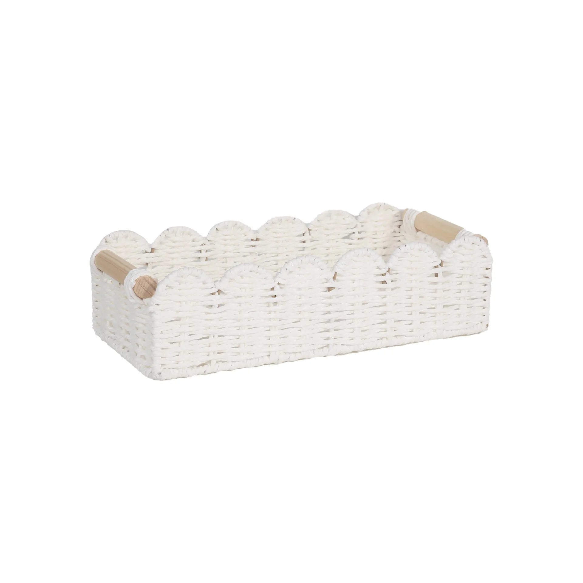 Rectangular woven paper storage basket in modern style measuring 35.5cm long for desktop organisation