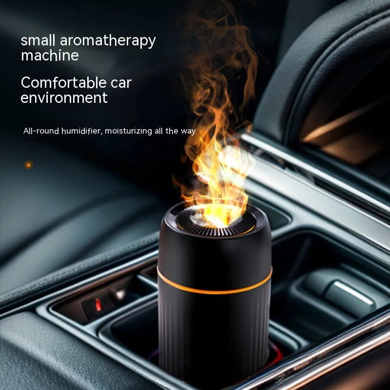 Car flame design aroma diffuser with automatic sprayer in black or white, measuring 70x70x143mm