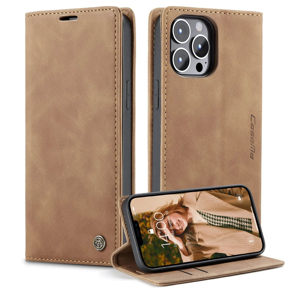 Black imitation leather magnetic flip phone case with card slot and invisible bracket for iPhone 14 Pro Max