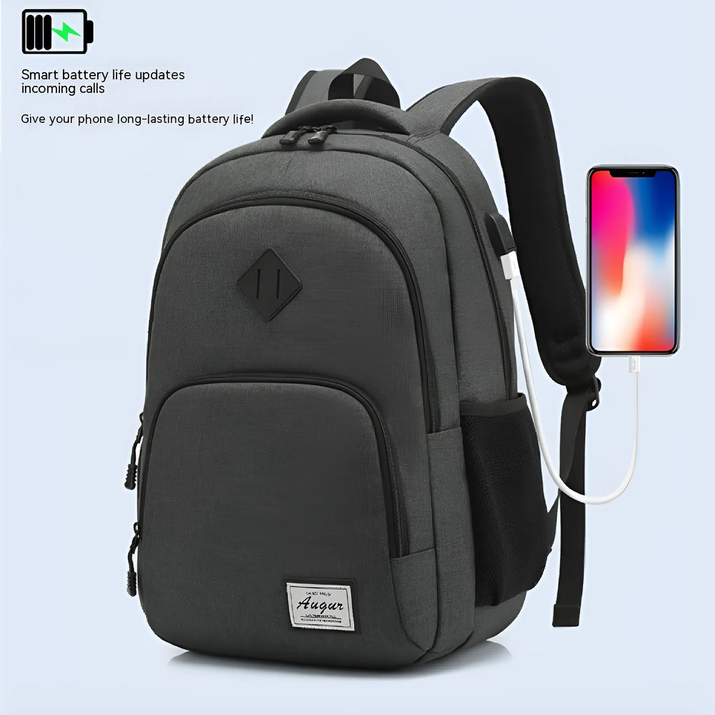 Lightweight grey nylon backpack with USB charging port and trolley case attachment slot.