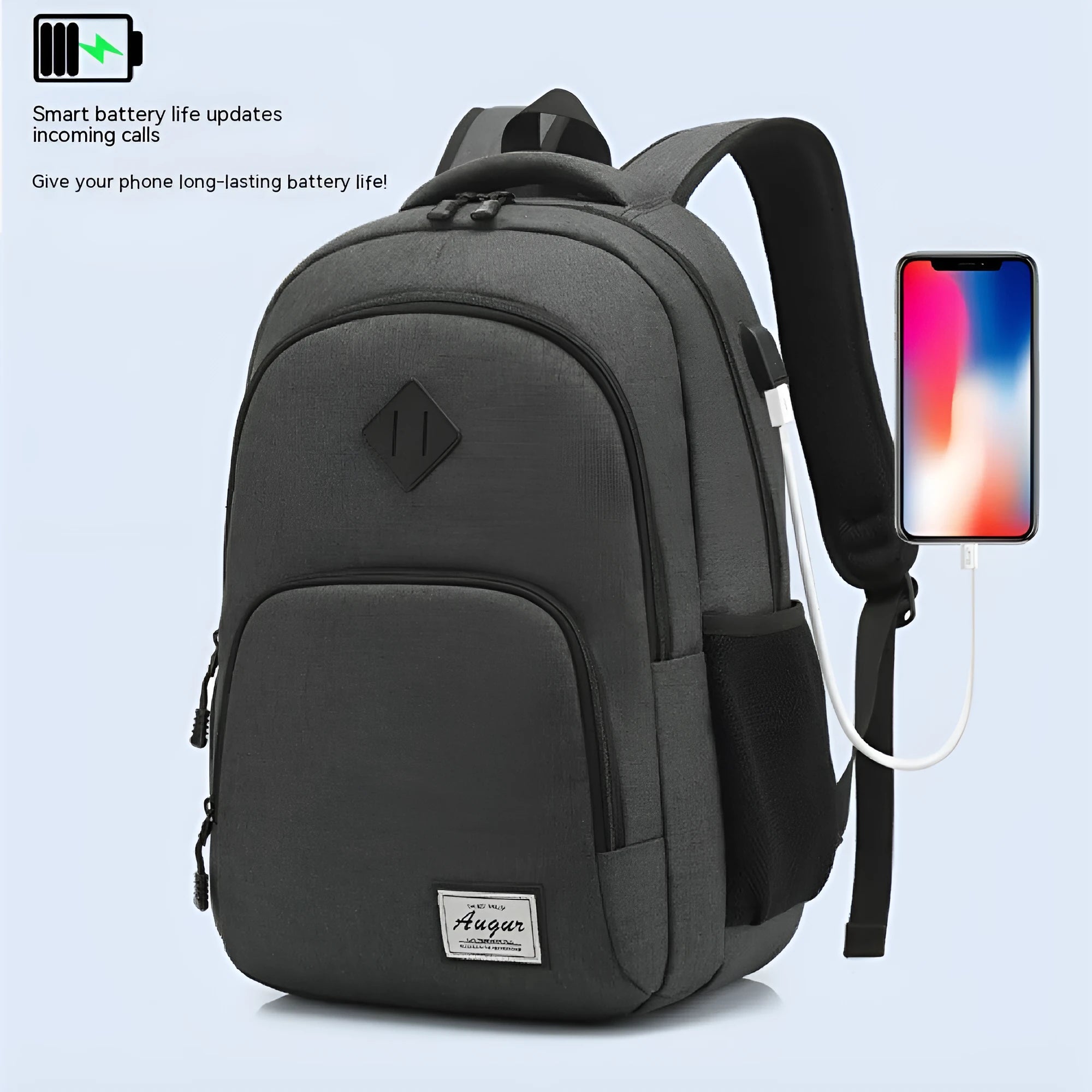 Lightweight grey nylon backpack with USB charging port and trolley case attachment slot.