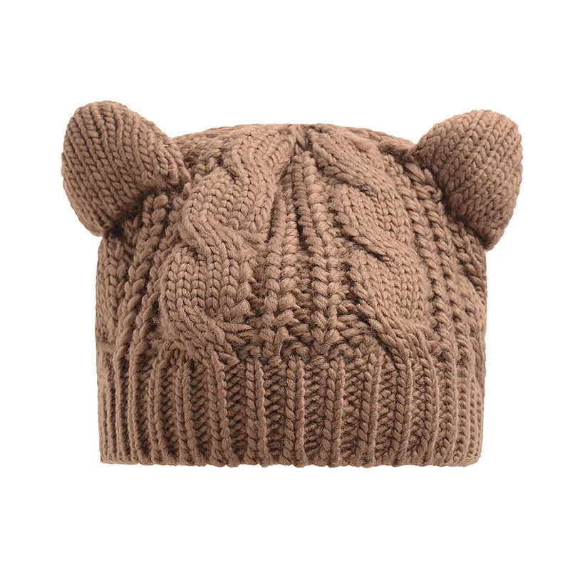 Hand-knitted wool beanie with 3D cat ears in multiple colour options