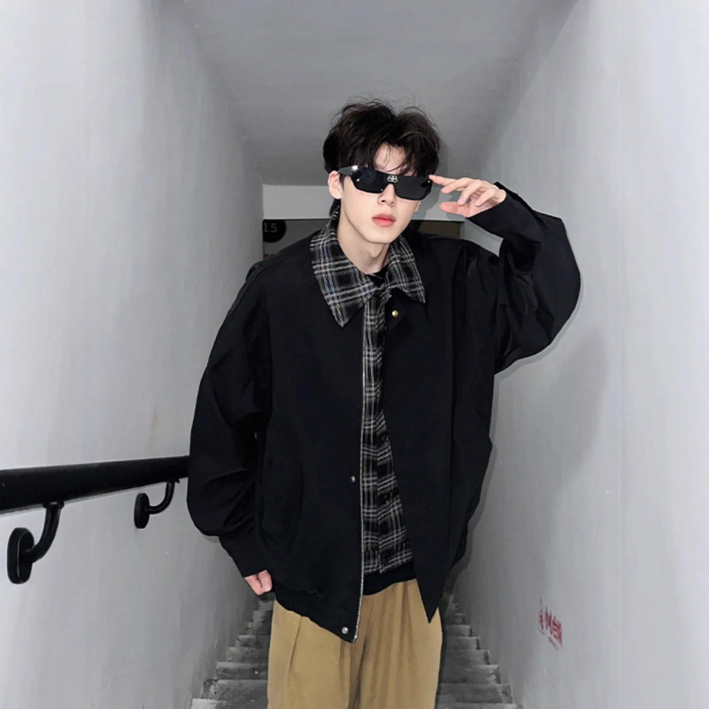 Men's spring-autumn fake two-piece jacket in black, loose fit, with side pockets and long sleeves