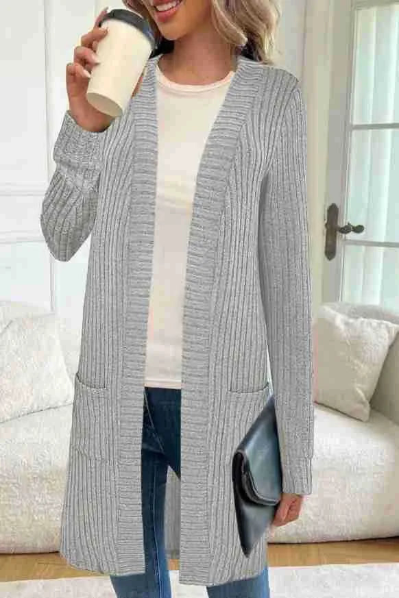 Plus size loose fit long sleeve knitted cardigan jacket in black, grey, or wine red.