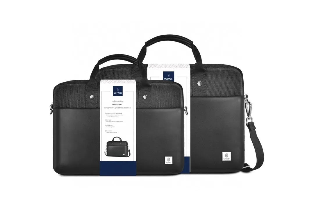Black waterproof Oxford cloth laptop bag showing multi-pocket organisation and lock feature