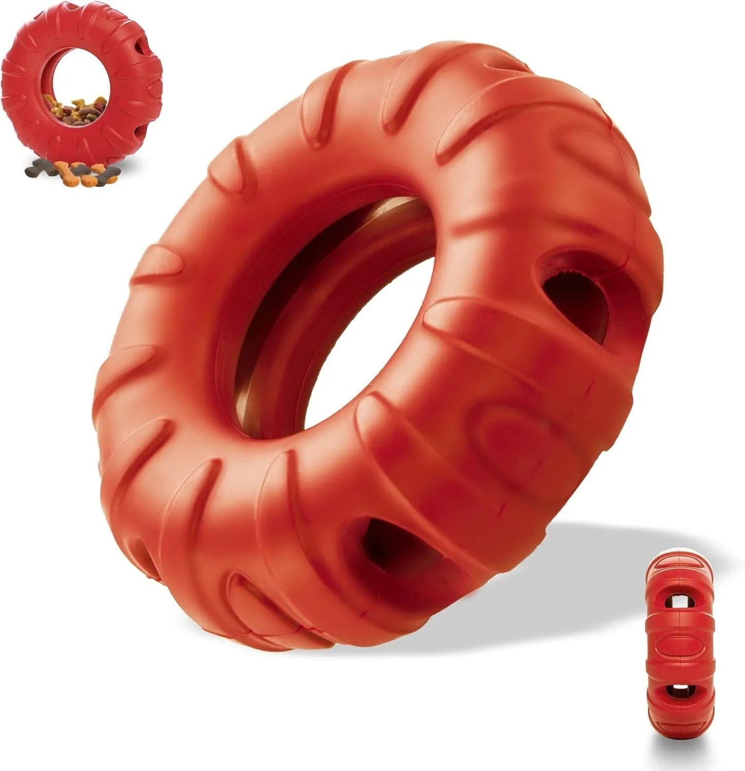 Blue rubber tire-shaped dog chew toy with oval openings for treat dispensing on a white background.