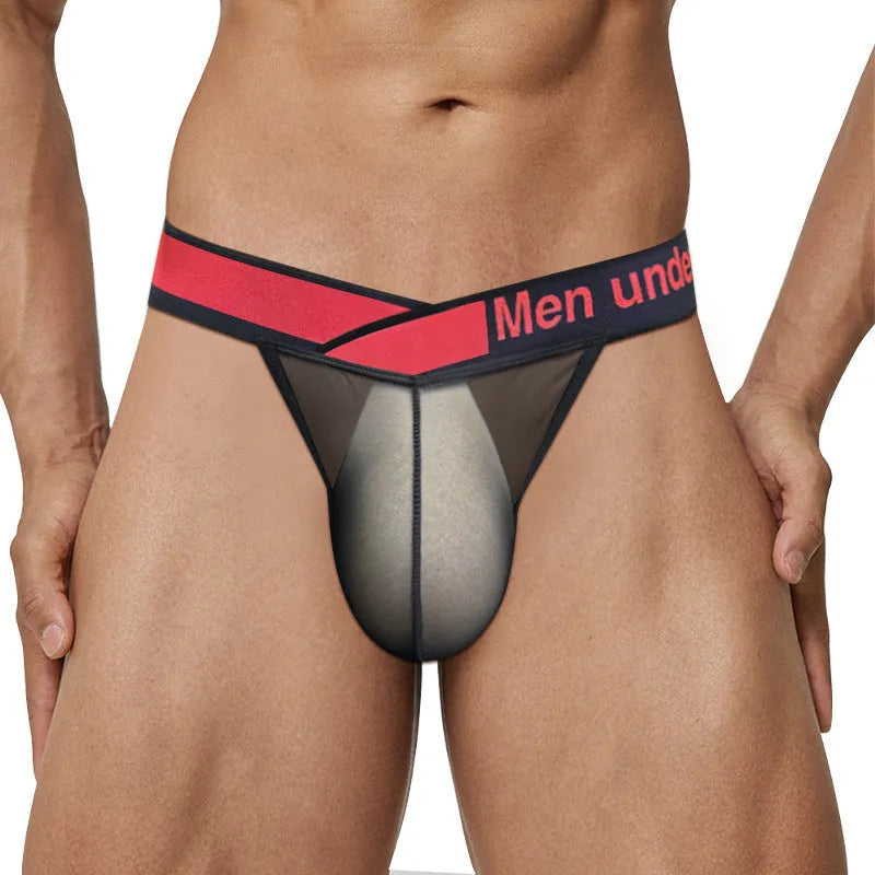 Men's solid colour nylon briefs with a low waist and large V gradient high-cut design.