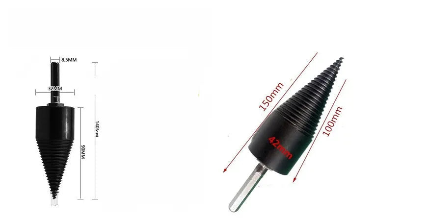 Hexagonal metal wood splitting drill bit with cone tip for electric hand drills and hammers.