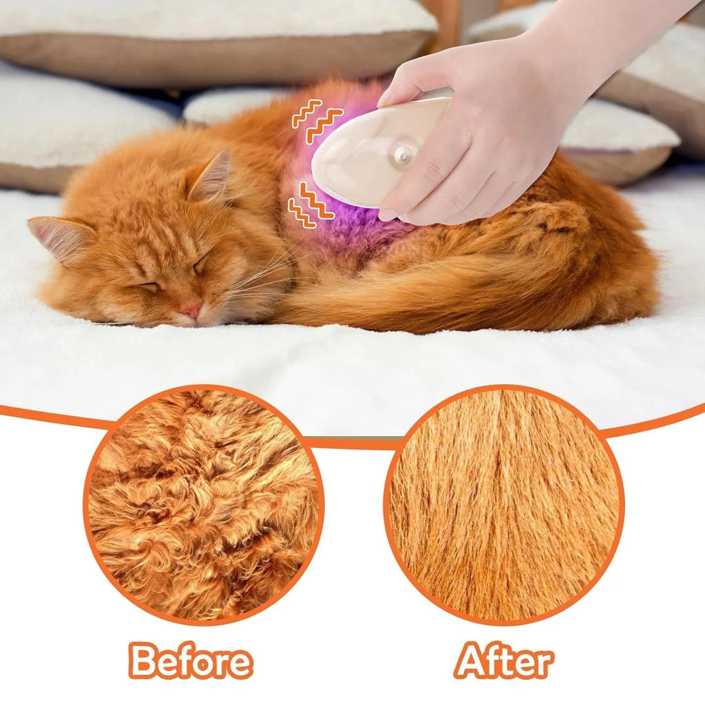 Yellow cat steam brush with 4-in-1 functions including vibration massage and ringworm detector