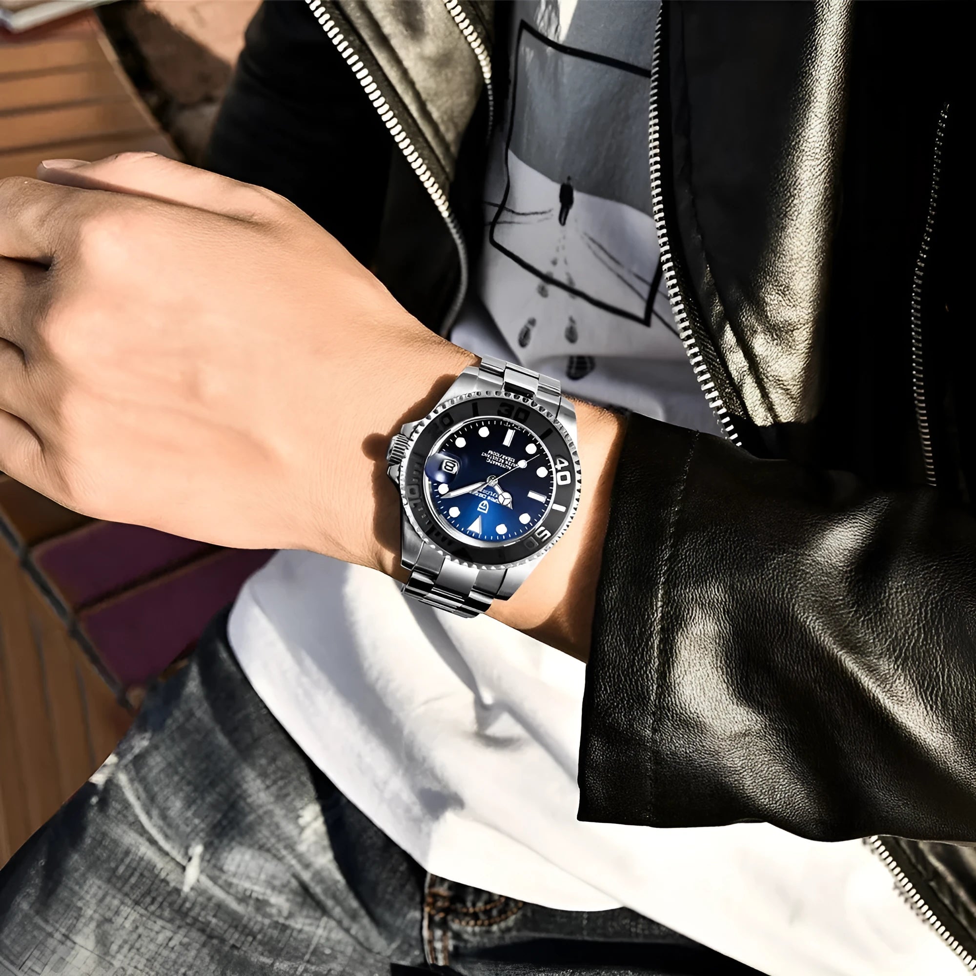 Men's automatic mechanical watch with 40mm stainless steel dial, luminous hands, and steel bracelet