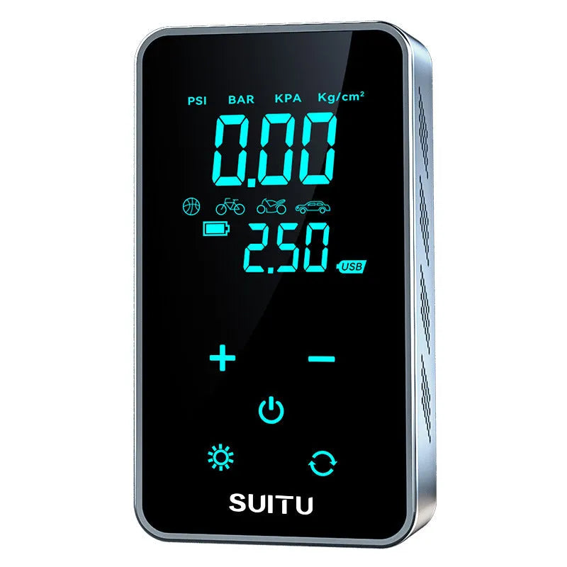 Compact black wireless car tyre inflator pump with LCD screen display on a grey background.