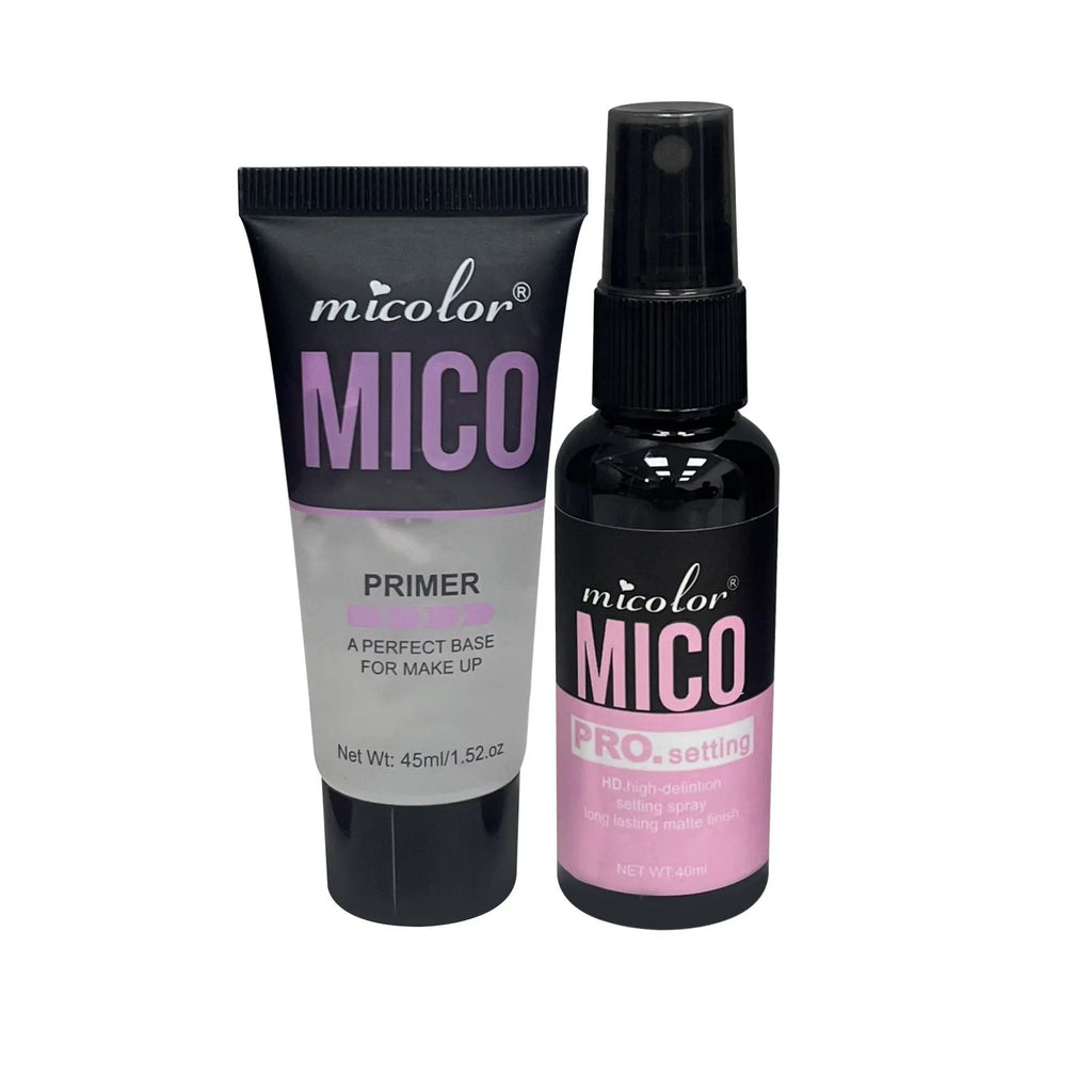 Makeup primer and finishing spray two-in-one product in monochrome packaging