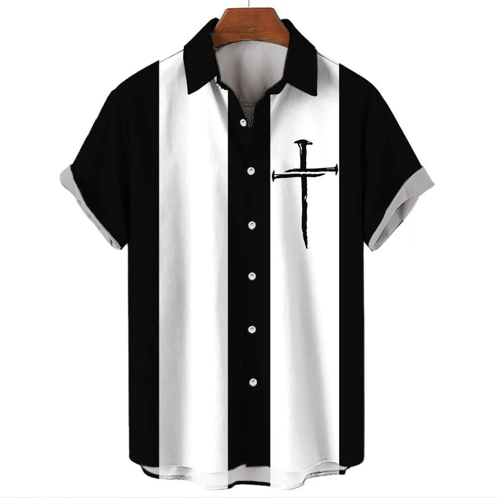 Men's striped Hawaiian short-sleeve shirt with button front and elastic band fabric