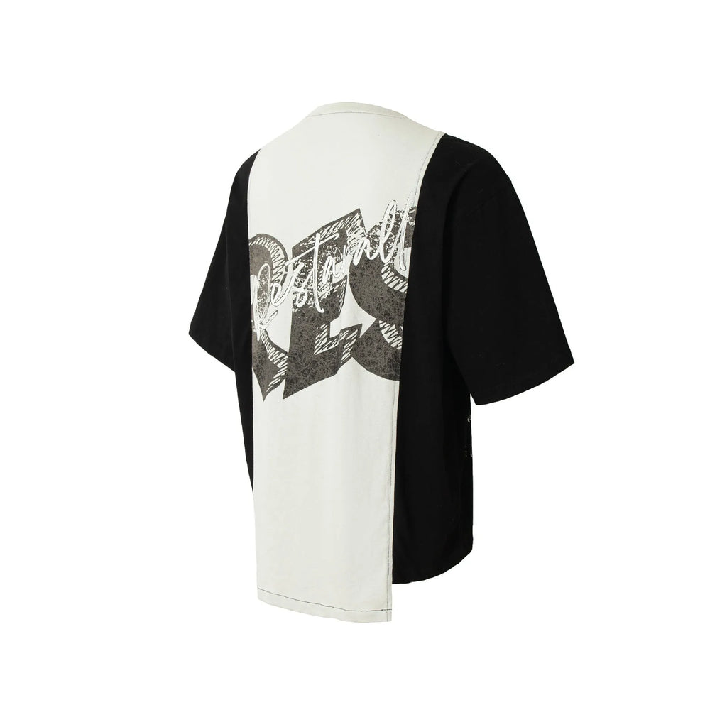 Black and white broken collage deconstruction printed T-shirt with short sleeves and loose fit
