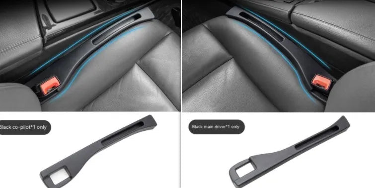 Black plastic car seat gap storage box with handle installed between car seats