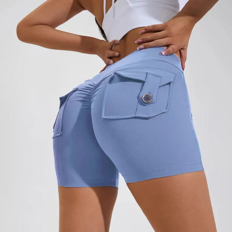 Women's high-waisted hip lifting shorts with pockets in quick-dry nylon fabric