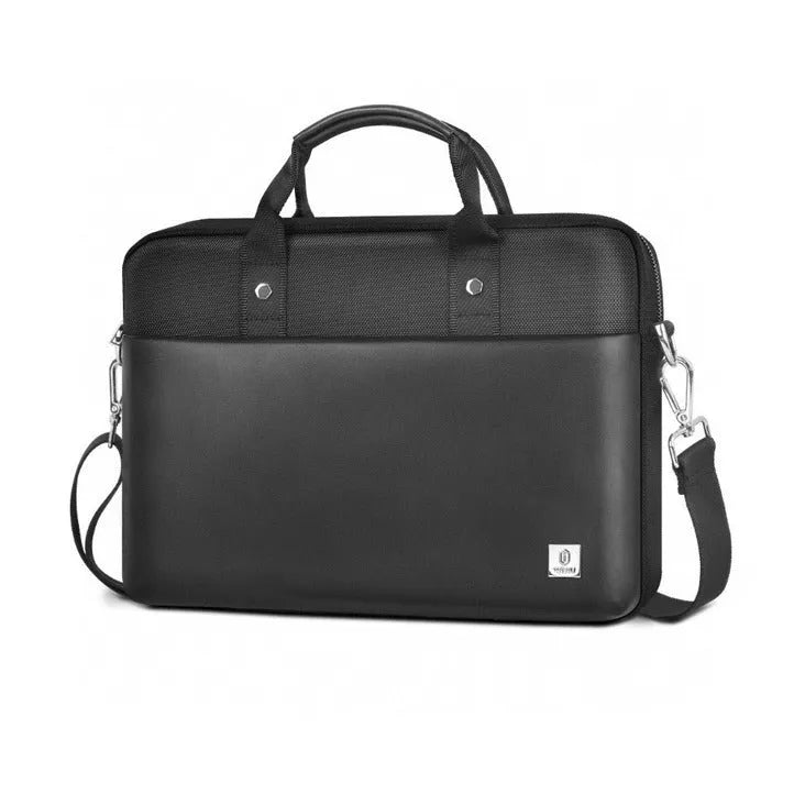 Black waterproof Oxford cloth laptop bag showing multi-pocket organisation and lock feature