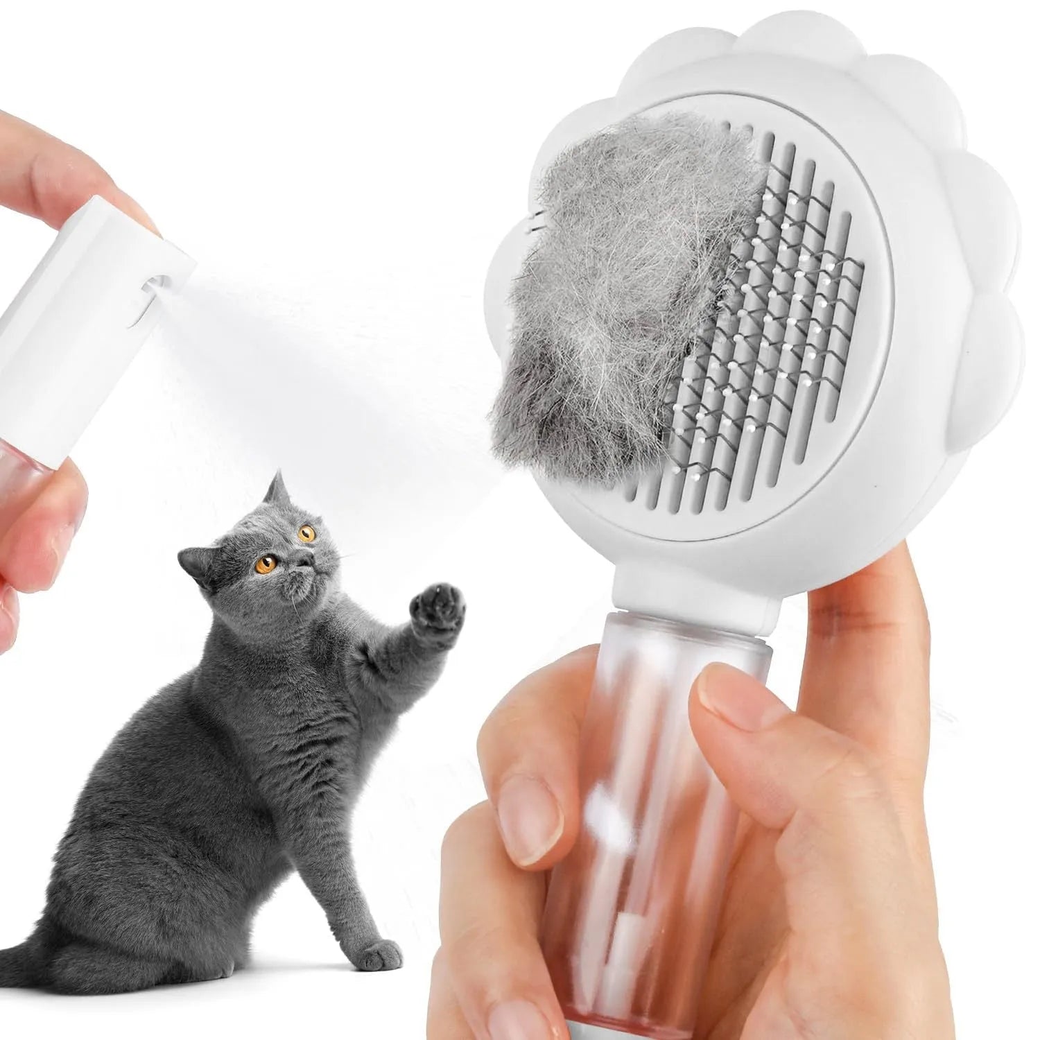 Grey spray cat grooming brush with self-cleaning button and curved stainless steel bristles on a white background.