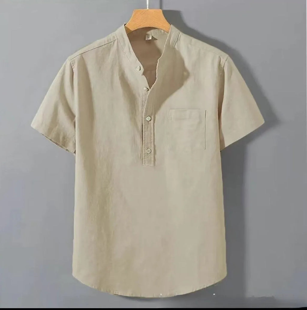 Men's beige casual stand collar short sleeve shirt made from slub linen blend fabric.