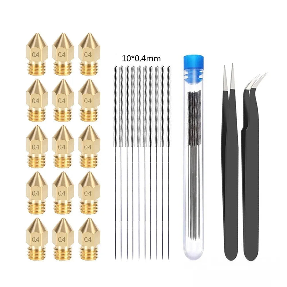 MK8 brass nozzle and stainless steel cleaning pin for 3D printer maintenance
