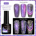 Cat eye UV gel nail polish bottles showing six fluorescent colours with diamond glitter fragments