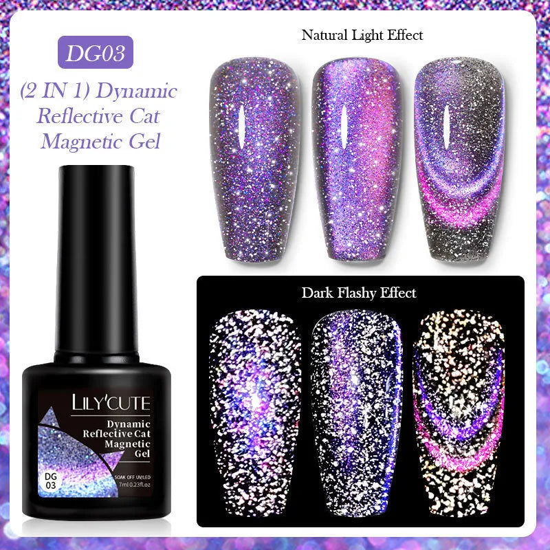 Cat eye UV gel nail polish bottles showing six fluorescent colours with diamond glitter fragments