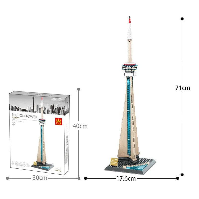 World famous architecture street view small particle plastic building blocks set in colour box showing assembled Burj Khalifa model
