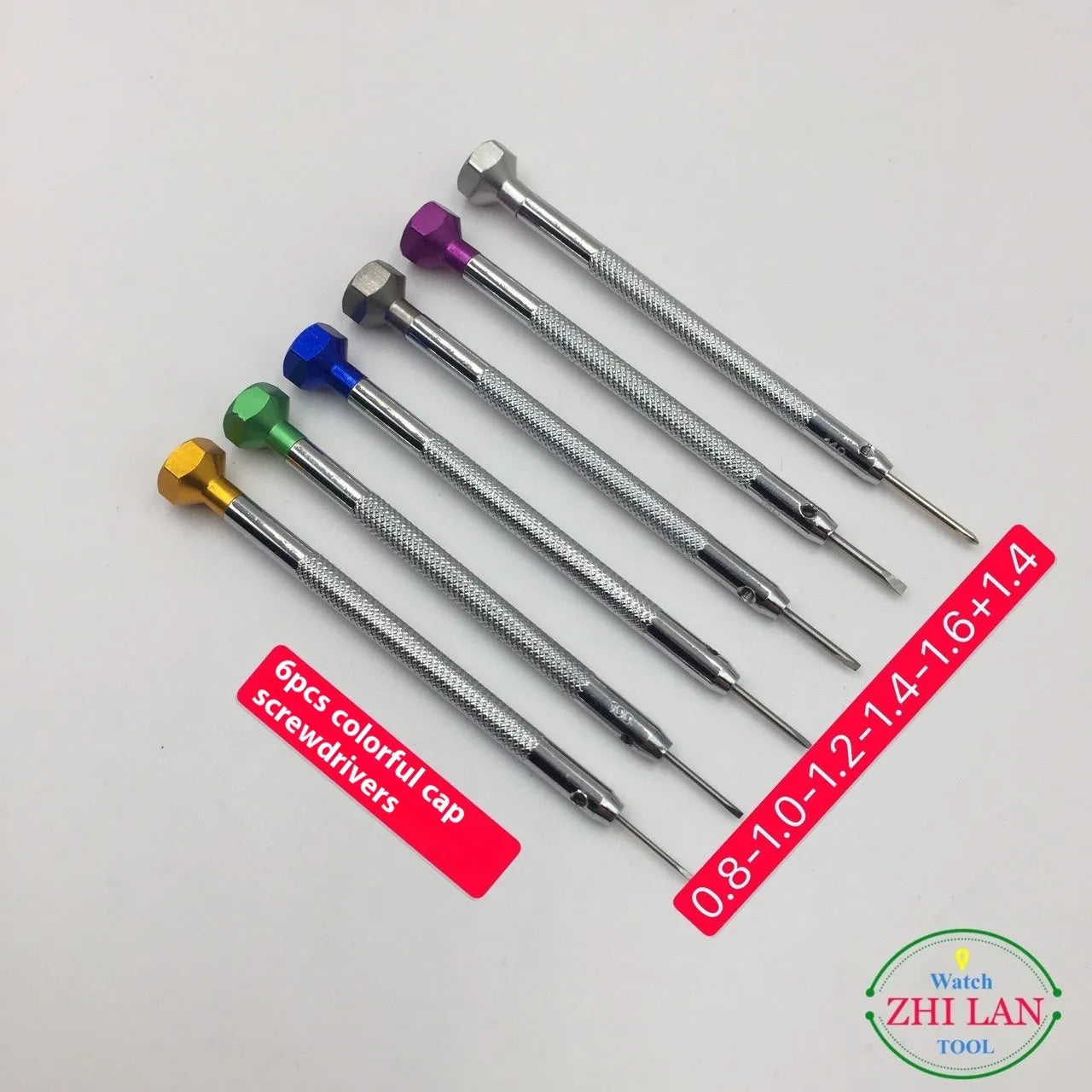 Six piece watch repair screwdriver set with copper handles and colour coded aluminium accents for children's watch maintenance