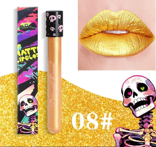Halloween skull test tube containing gold and silver matte lip gloss for waterproof costume makeup.