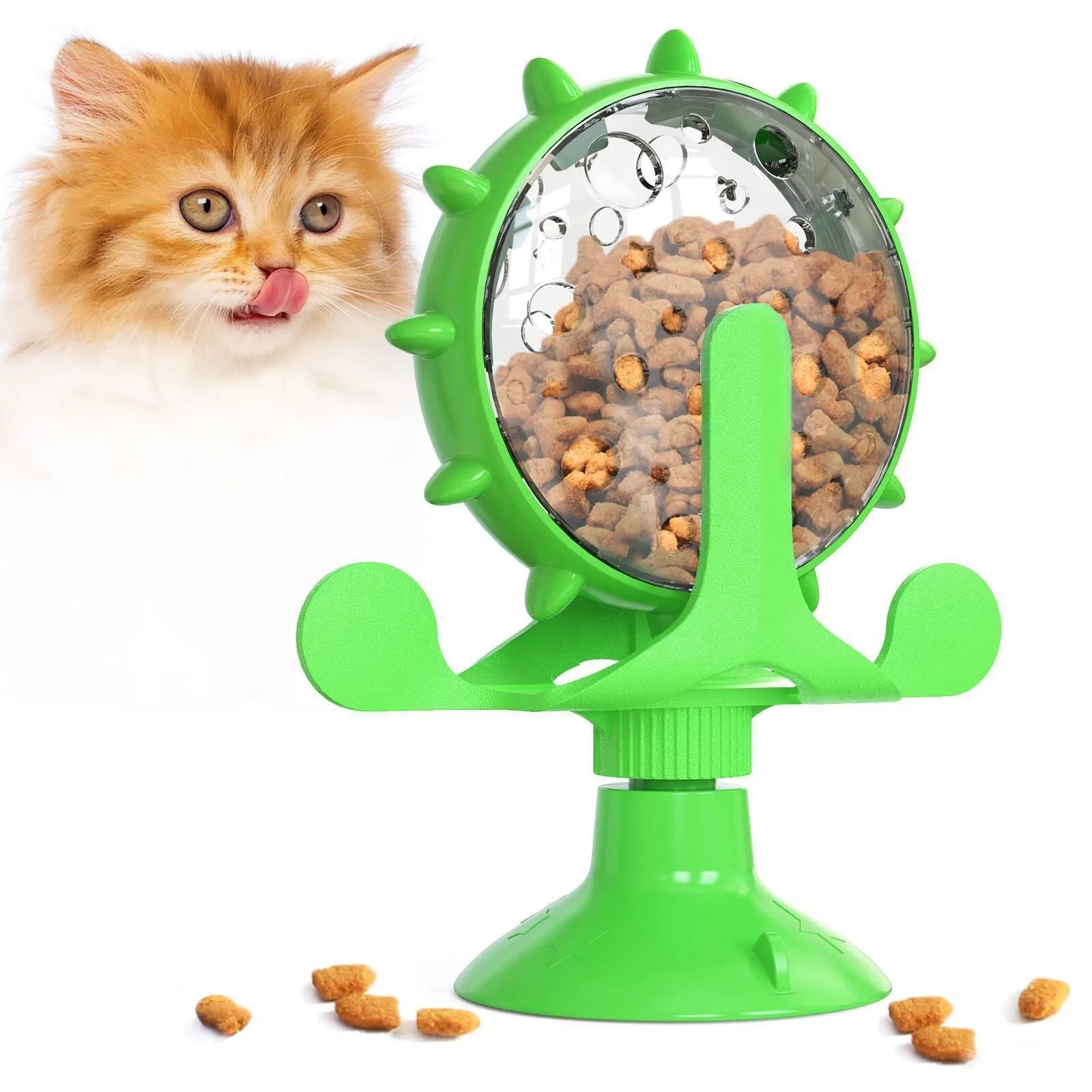 Interactive pet spinner toy in blue, green, red, or yellow with treat holes and suction base.
