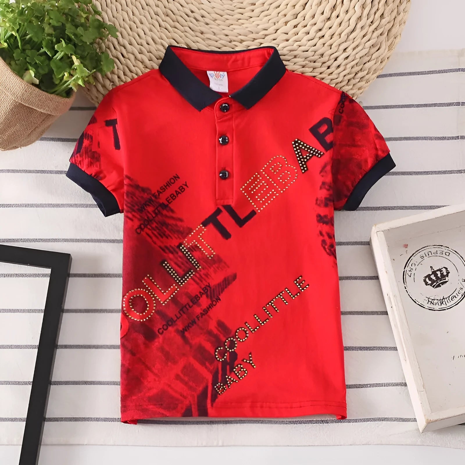 Children's short sleeve cotton polo shirt with lapel collar in solid colours