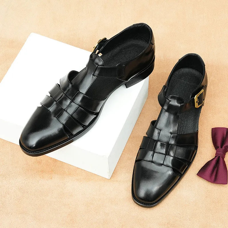 Genuine leather retro business summer men's shoes in brown and black with rubber sole