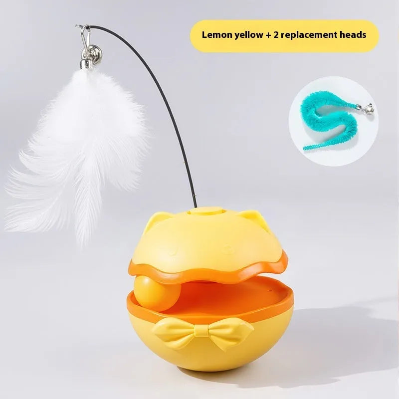 Electric cat toy tumbler with teasing stick in lemon yellow, sky blue and soft fog grey colour options