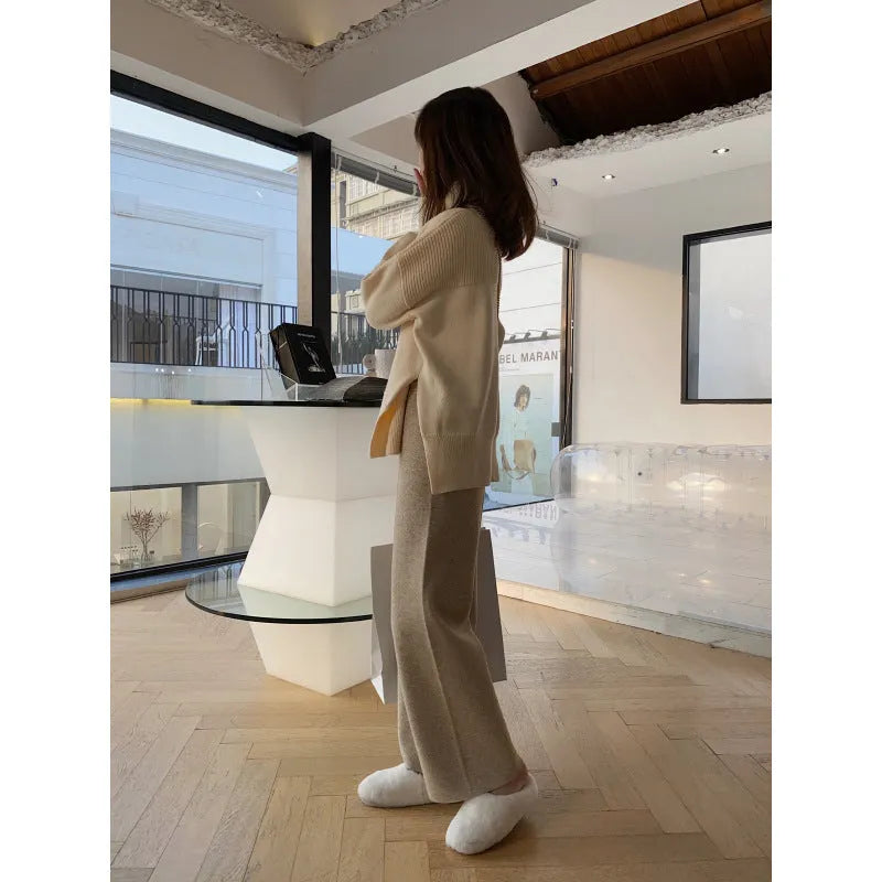 Women's cream white knitted wide-leg trousers with high waist and straight-leg drooping mopping casual style